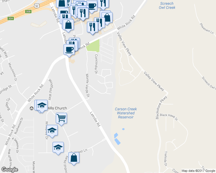 map of restaurants, bars, coffee shops, grocery stores, and more near 6058 Ventura Court in El Dorado Hills