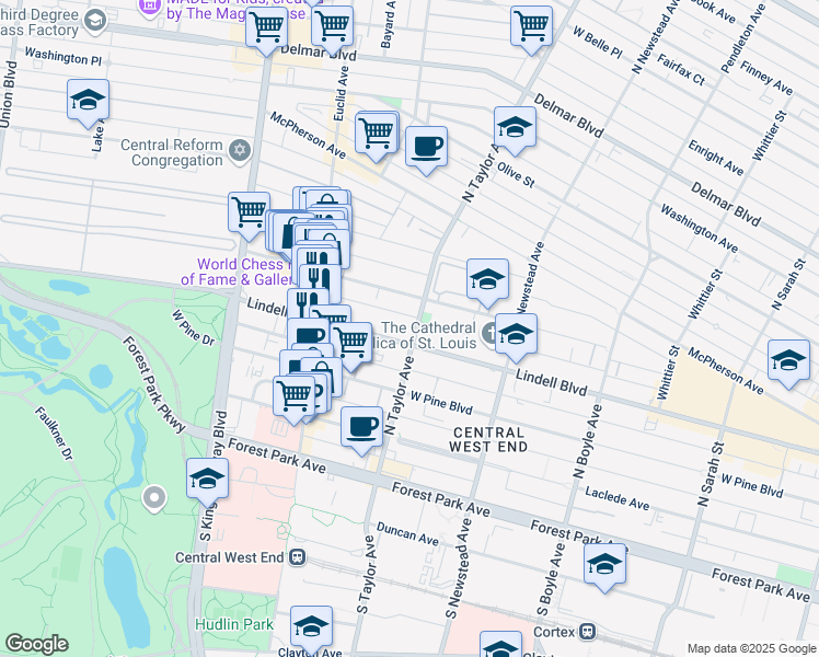 map of restaurants, bars, coffee shops, grocery stores, and more near in St. Louis