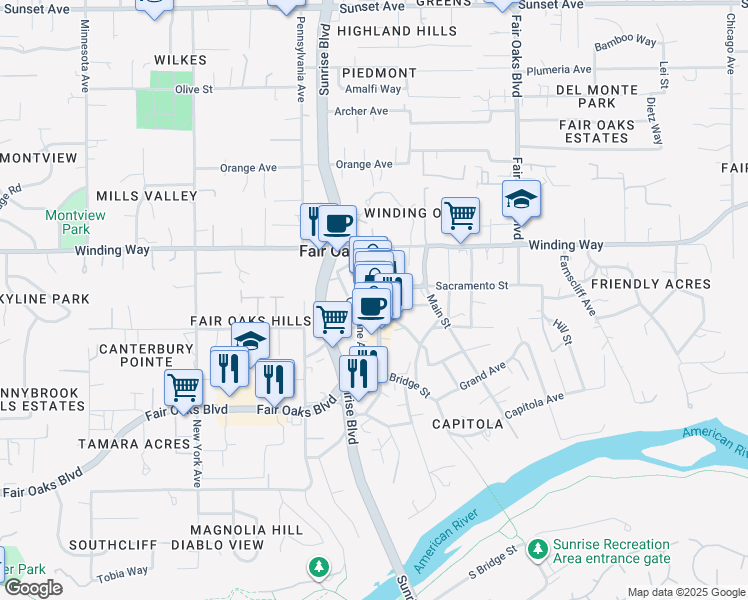map of restaurants, bars, coffee shops, grocery stores, and more near 10227 Fair Oaks Boulevard in Fair Oaks