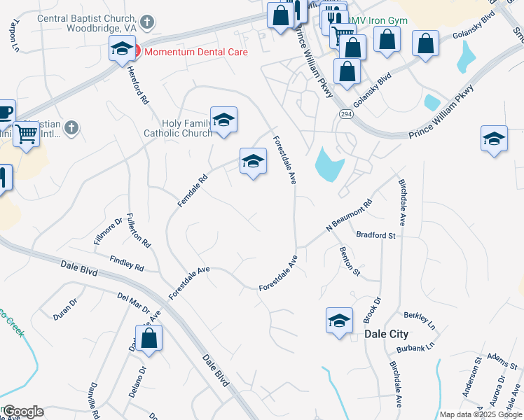 map of restaurants, bars, coffee shops, grocery stores, and more near 14301 Florence Court in Woodbridge