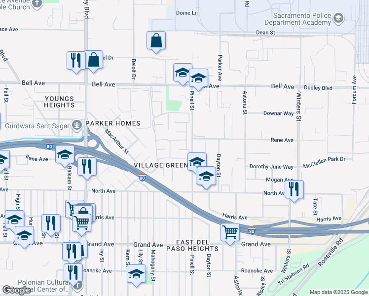 map of restaurants, bars, coffee shops, grocery stores, and more near 127 Village Circle in Sacramento
