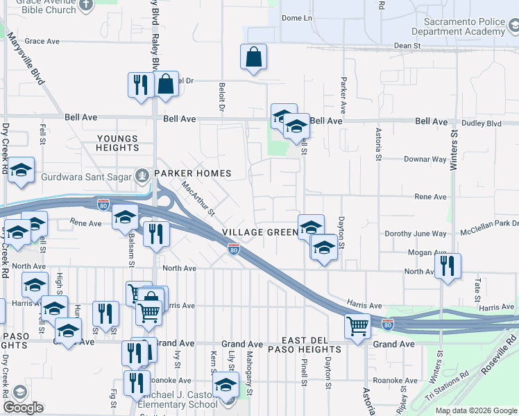 map of restaurants, bars, coffee shops, grocery stores, and more near 100 Village Circle in Sacramento