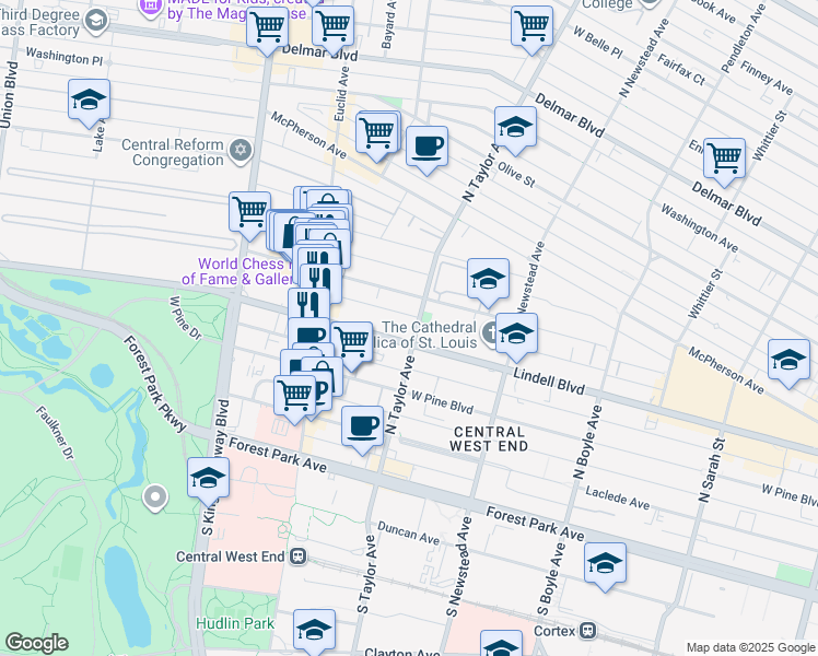map of restaurants, bars, coffee shops, grocery stores, and more near in St. Louis