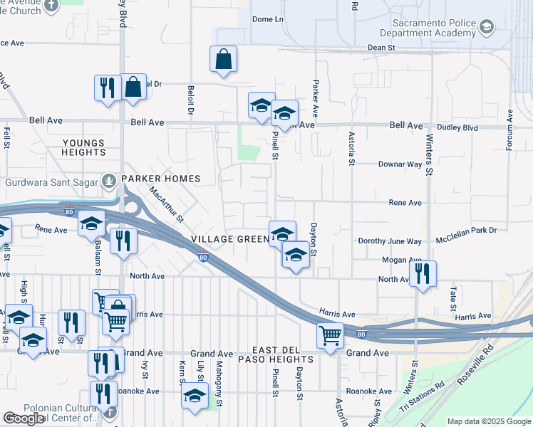 map of restaurants, bars, coffee shops, grocery stores, and more near 127 Village Circle in Sacramento