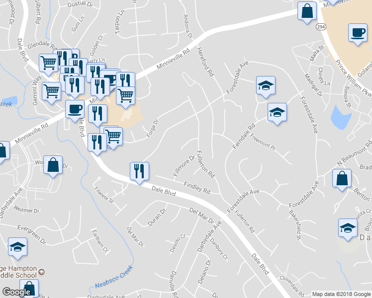 map of restaurants, bars, coffee shops, grocery stores, and more near 3807 Fortuna Ct in Woodbridge