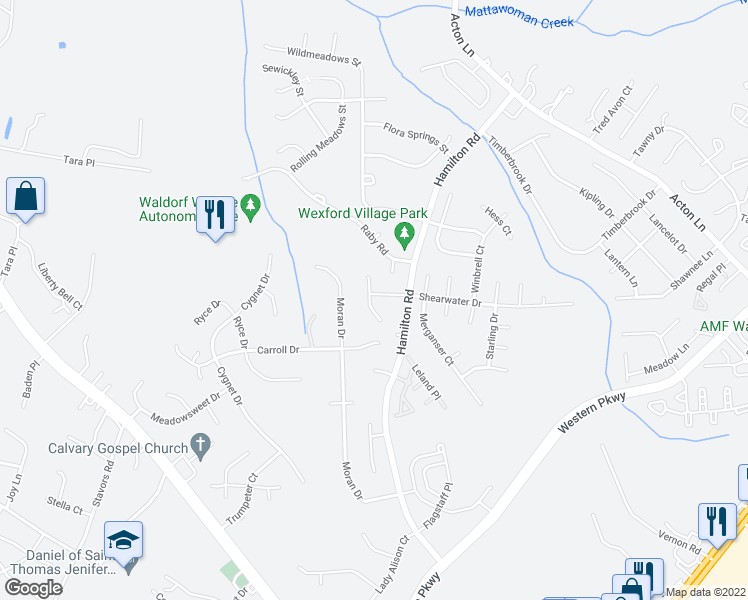 map of restaurants, bars, coffee shops, grocery stores, and more near 2496 Breakwater Court in Waldorf