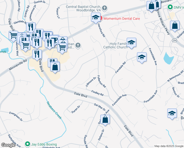 map of restaurants, bars, coffee shops, grocery stores, and more near 3807 Fortuna Ct in Woodbridge