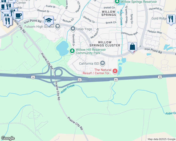 map of restaurants, bars, coffee shops, grocery stores, and more near 122 Barnhill Drive in Folsom
