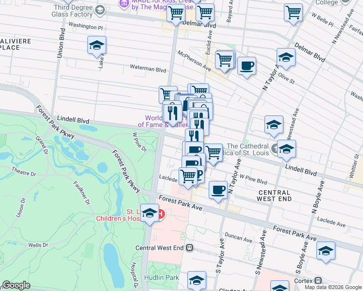 map of restaurants, bars, coffee shops, grocery stores, and more near 4900 Lindell Boulevard in St. Louis