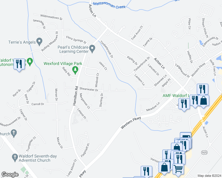 map of restaurants, bars, coffee shops, grocery stores, and more near 2916 Cormorant Court in Waldorf