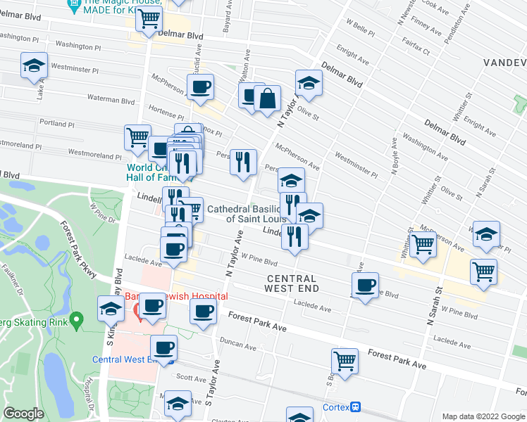map of restaurants, bars, coffee shops, grocery stores, and more near 4474R Maryland Avenue in St. Louis