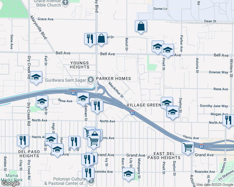 map of restaurants, bars, coffee shops, grocery stores, and more near 510 Macarthur Street in Sacramento