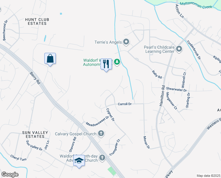map of restaurants, bars, coffee shops, grocery stores, and more near 2498 Ryce Drive in Waldorf