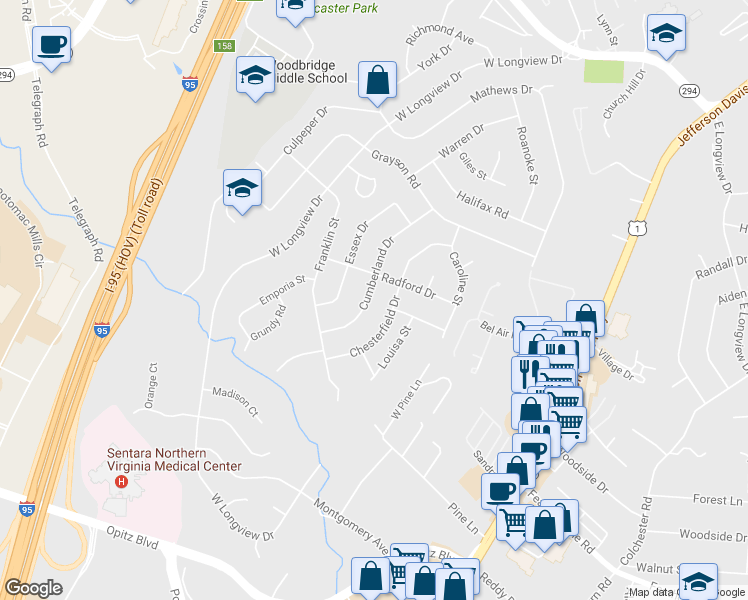 map of restaurants, bars, coffee shops, grocery stores, and more near 2025 Cumberland Dr in Woodbridge
