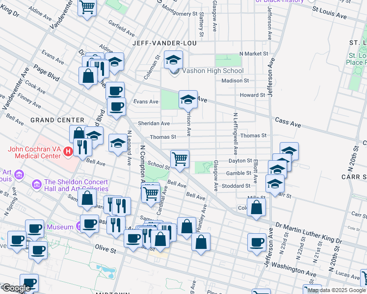 map of restaurants, bars, coffee shops, grocery stores, and more near 3013 James Cool Papa Bell Avenue in St. Louis