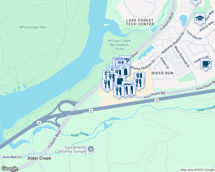 map of restaurants, bars, coffee shops, grocery stores, and more near 157 Iron Point Road in Folsom