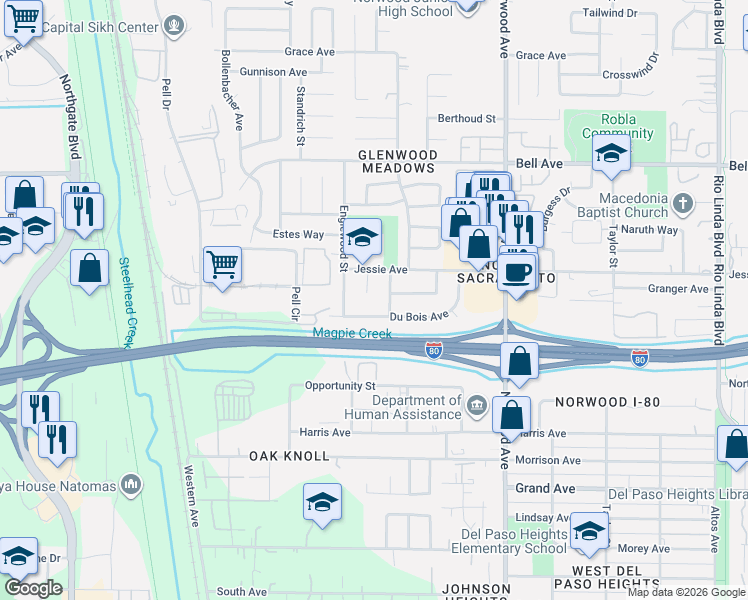 map of restaurants, bars, coffee shops, grocery stores, and more near 4120 Fruita Court in Sacramento