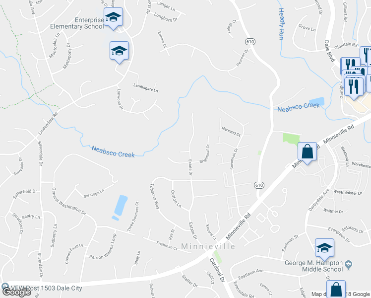 map of restaurants, bars, coffee shops, grocery stores, and more near 14602 Estate Drive in Woodbridge