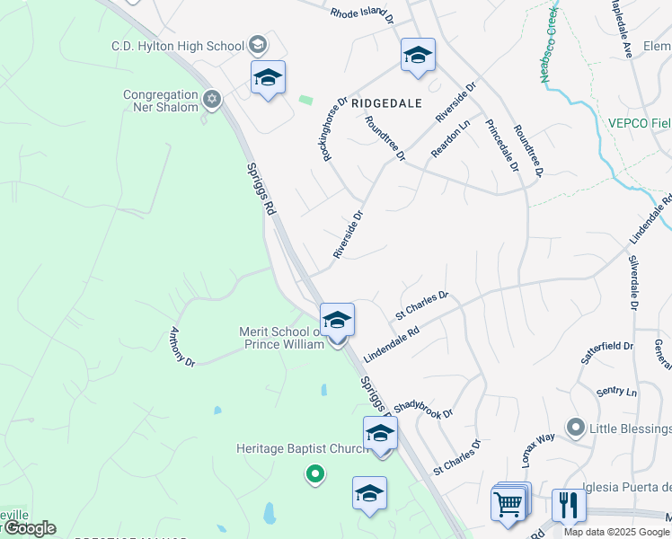 map of restaurants, bars, coffee shops, grocery stores, and more near 5851 Riverside Drive in Woodbridge