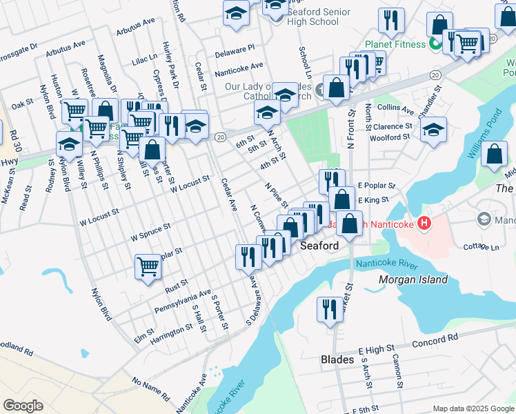 map of restaurants, bars, coffee shops, grocery stores, and more near 243 North Conwell Street in Seaford