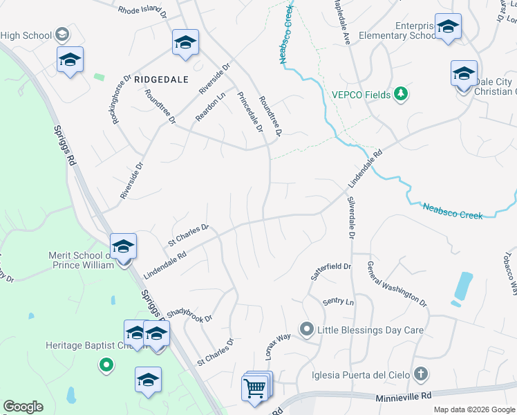 map of restaurants, bars, coffee shops, grocery stores, and more near 14270 Princedale Drive in Woodbridge