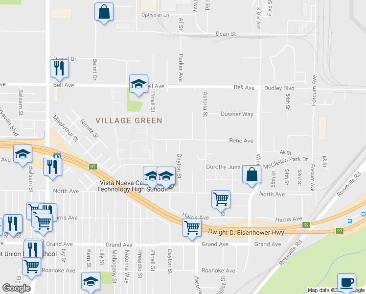 map of restaurants, bars, coffee shops, grocery stores, and more near 4120 Dayton Street in Sacramento