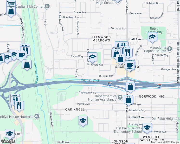 map of restaurants, bars, coffee shops, grocery stores, and more near 4119 Englewood Street in Sacramento
