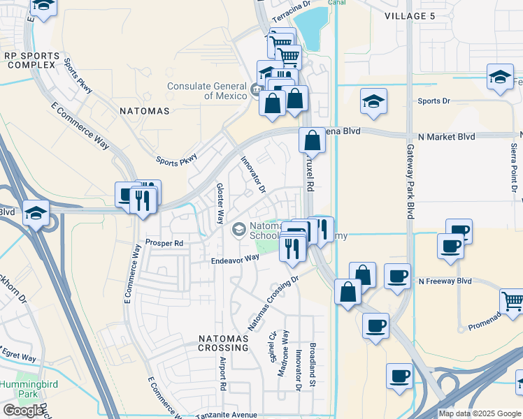 map of restaurants, bars, coffee shops, grocery stores, and more near 4059 Innovator Drive in Sacramento