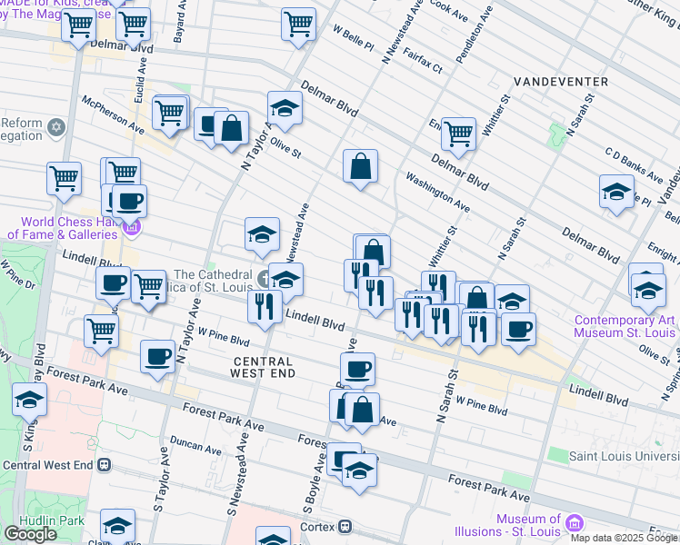 map of restaurants, bars, coffee shops, grocery stores, and more near 4355 Maryland Avenue in St. Louis