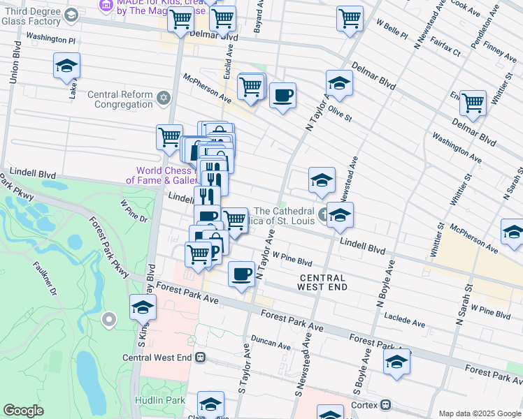 map of restaurants, bars, coffee shops, grocery stores, and more near in St. Louis