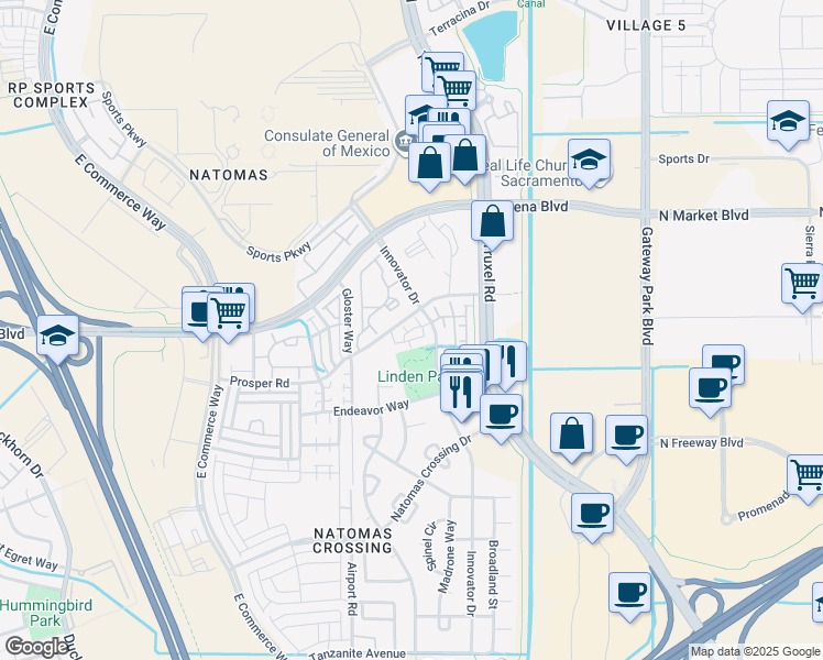 map of restaurants, bars, coffee shops, grocery stores, and more near 4059 Innovator Drive in Sacramento