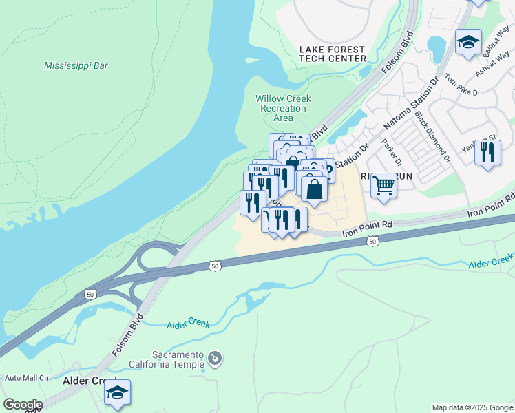 map of restaurants, bars, coffee shops, grocery stores, and more near 157 Iron Point Road in Folsom