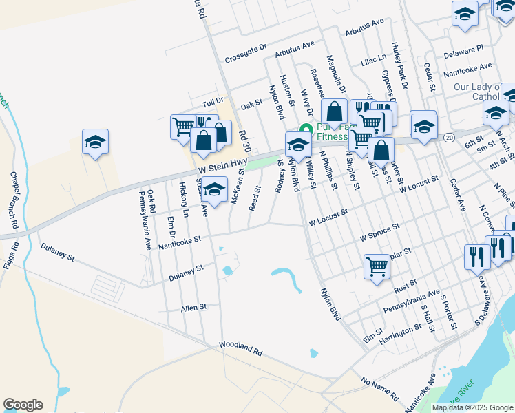 map of restaurants, bars, coffee shops, grocery stores, and more near 35 Read Street in Seaford