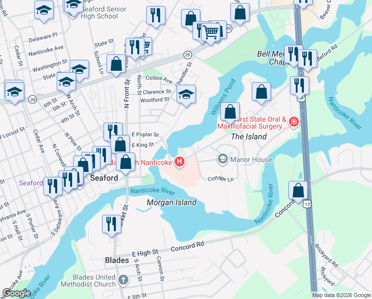 map of restaurants, bars, coffee shops, grocery stores, and more near 802 Middleford Road in Seaford