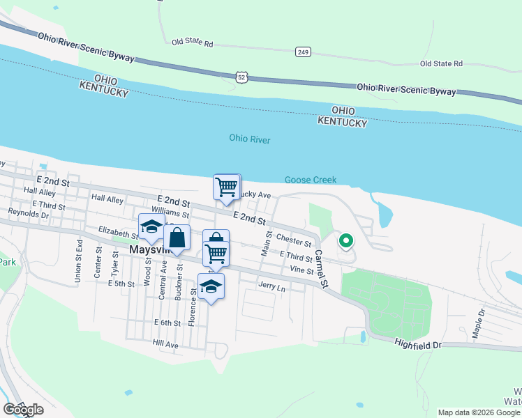 map of restaurants, bars, coffee shops, grocery stores, and more near 114 Cottage Street in Maysville