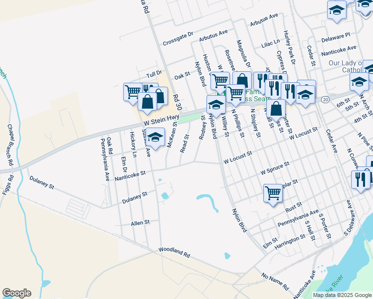 map of restaurants, bars, coffee shops, grocery stores, and more near 35 Read Street in Seaford