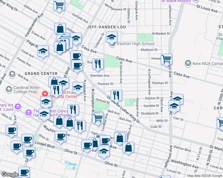 map of restaurants, bars, coffee shops, grocery stores, and more near 3057 James Cool Papa Bell Avenue in St. Louis