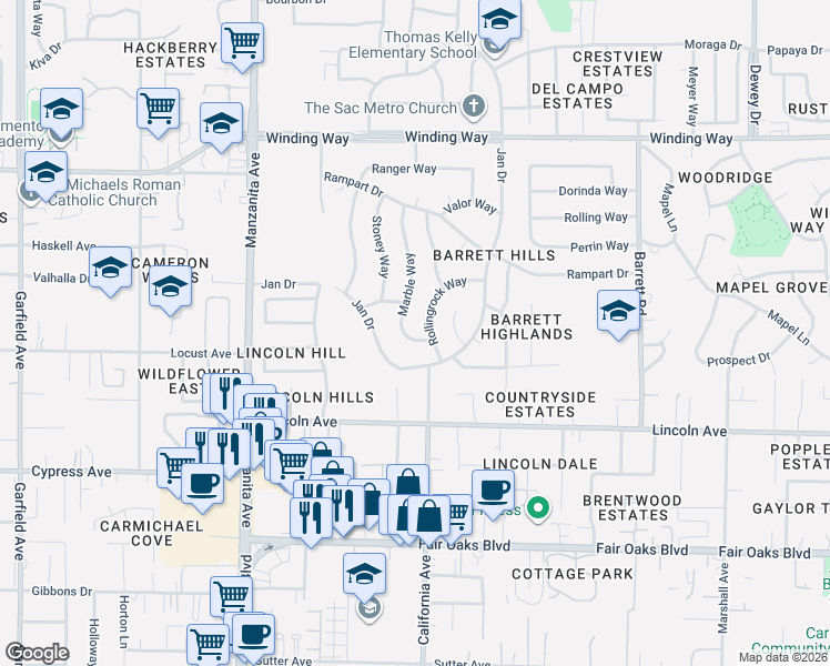 map of restaurants, bars, coffee shops, grocery stores, and more near 4408 Marble Way in Carmichael