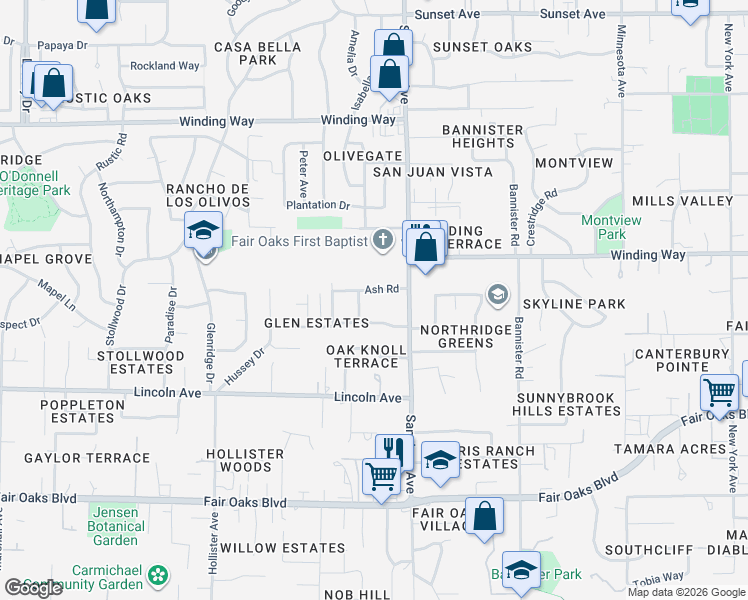 map of restaurants, bars, coffee shops, grocery stores, and more near 7320 Ash Road in Fair Oaks