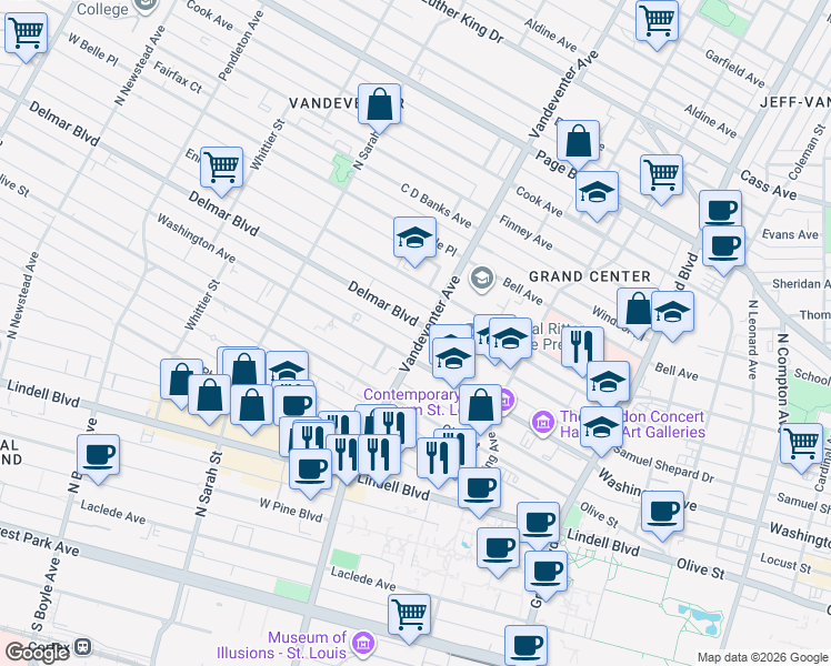 map of restaurants, bars, coffee shops, grocery stores, and more near 611 Vandeventer Avenue in St. Louis