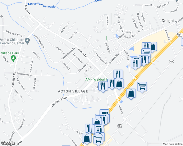 map of restaurants, bars, coffee shops, grocery stores, and more near 2500 Creston Place in Waldorf