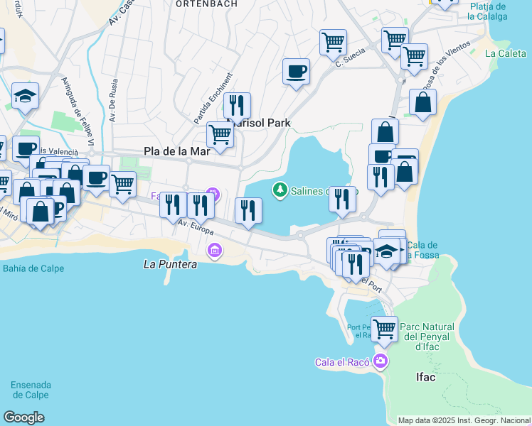 map of restaurants, bars, coffee shops, grocery stores, and more near 29-53 Avenida de los Ejércitos Españoles in Calp
