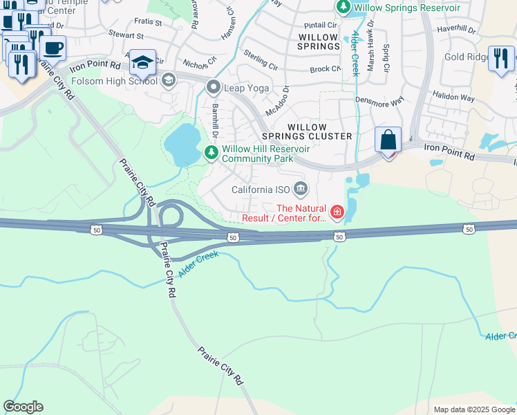 map of restaurants, bars, coffee shops, grocery stores, and more near 122 Barnhill Drive in Folsom