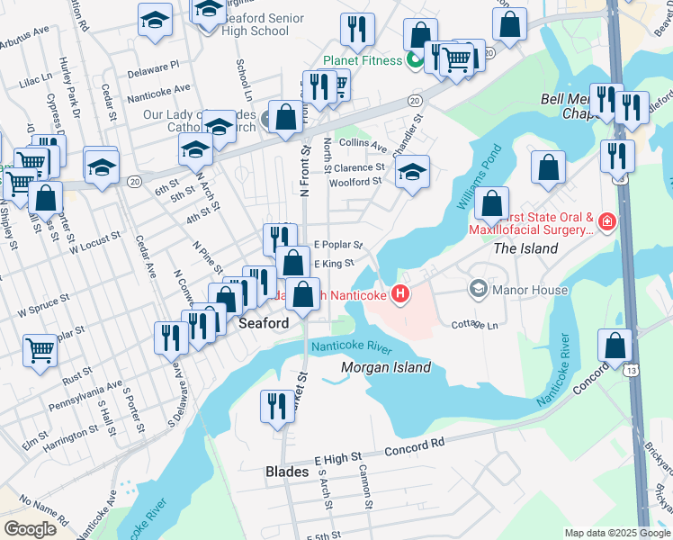 map of restaurants, bars, coffee shops, grocery stores, and more near 123 North Street in Seaford