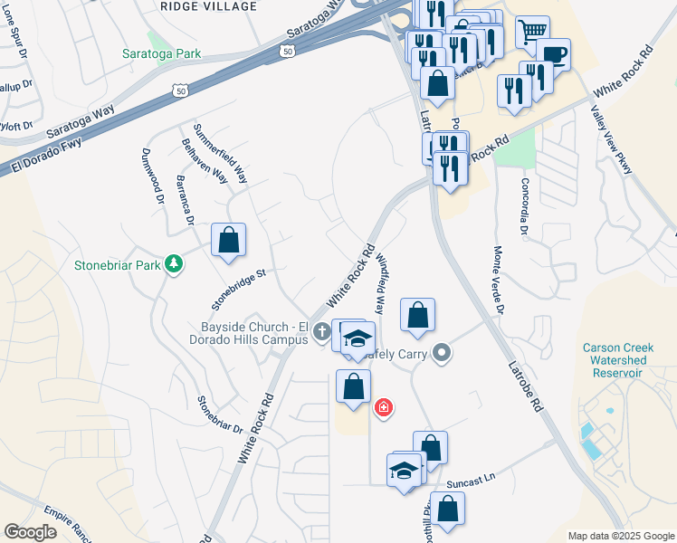 map of restaurants, bars, coffee shops, grocery stores, and more near 2020 Town Center West Way in El Dorado Hills