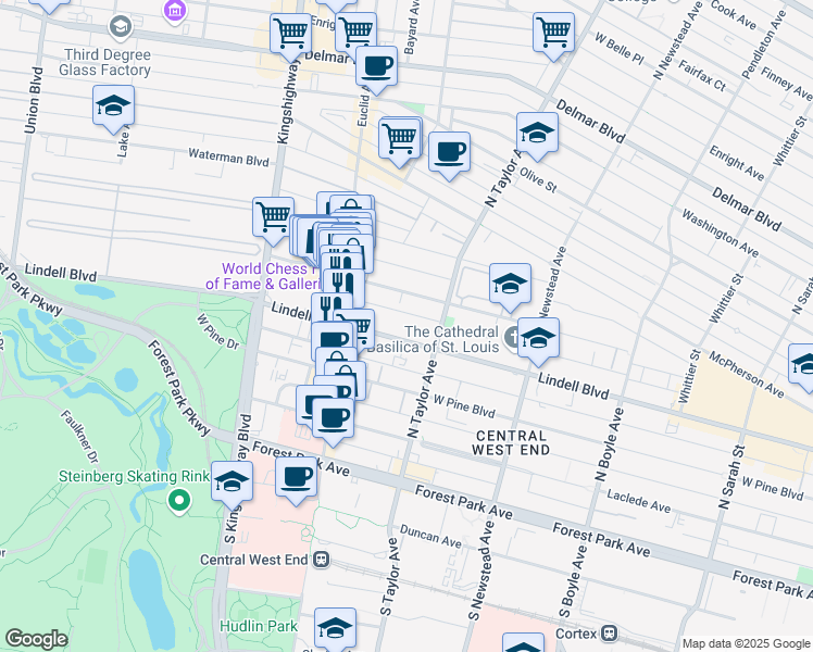 map of restaurants, bars, coffee shops, grocery stores, and more near 4545 Lindell Boulevard in St. Louis