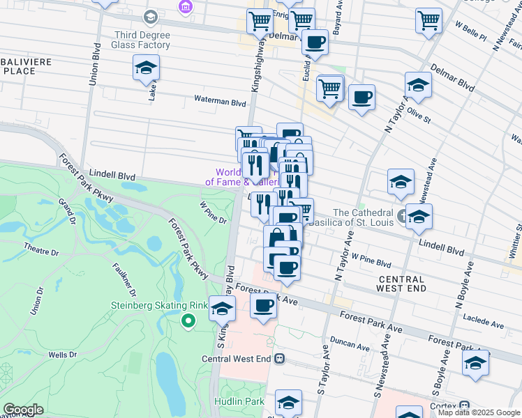 map of restaurants, bars, coffee shops, grocery stores, and more near 4950 Lindell Boulevard in St. Louis