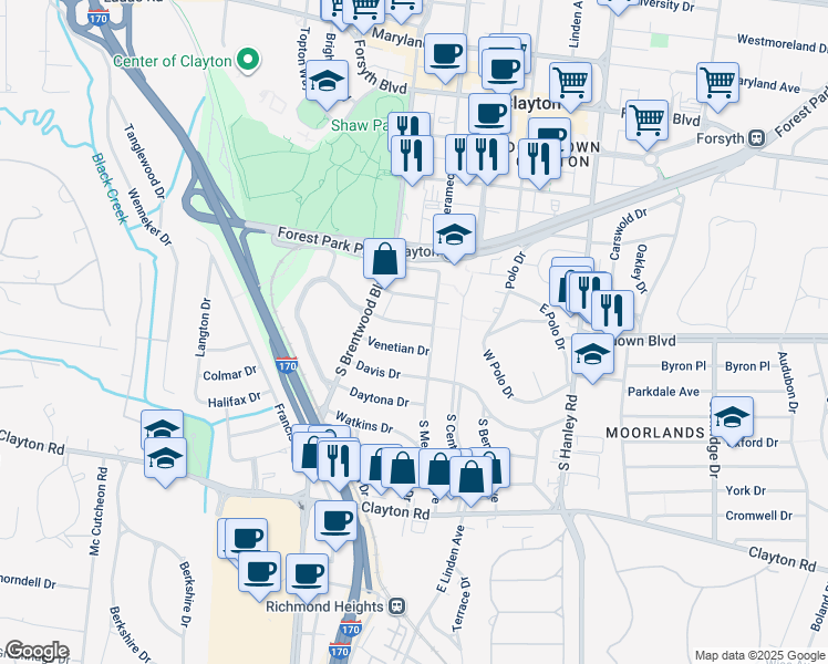 map of restaurants, bars, coffee shops, grocery stores, and more near 8027 Venetian Drive in Clayton