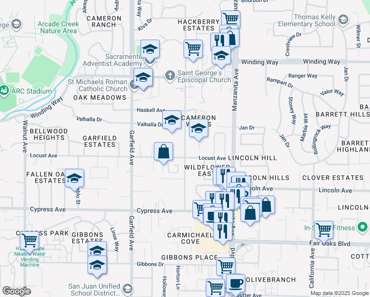 map of restaurants, bars, coffee shops, grocery stores, and more near 4333 Hackberry Lane in Carmichael