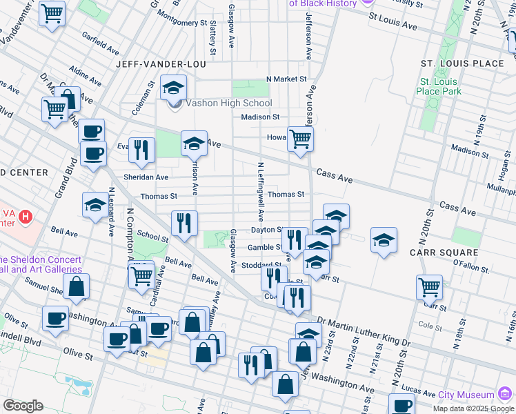 map of restaurants, bars, coffee shops, grocery stores, and more near 2801 James Cool Papa Bell Avenue in St. Louis